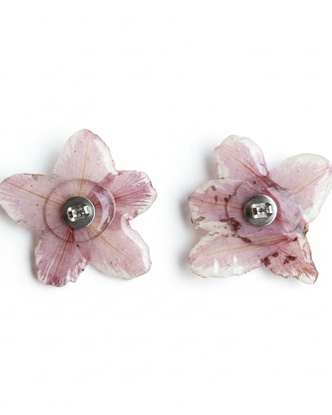 Orecchini fiori rosa malva su sfondo bianco