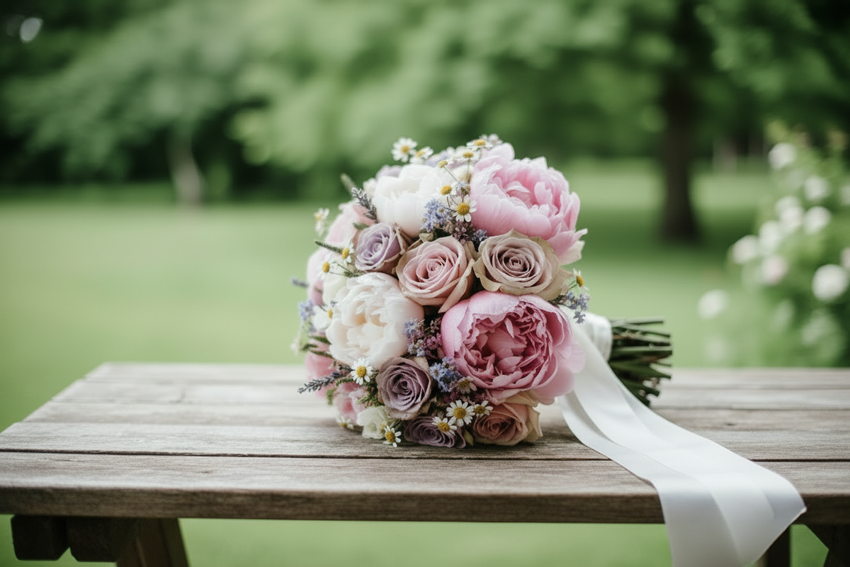 Piccolo bouquet da sposa con rose rosa e lilla