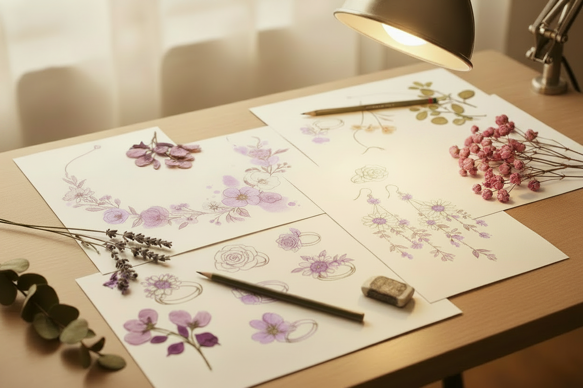 Scrivania con fiori essiccati rosa a destra